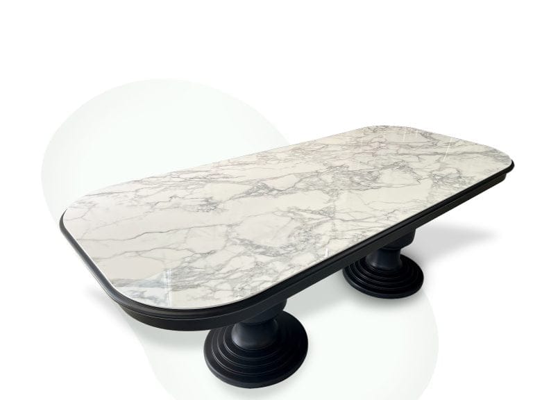 Oval Köşeli Porselen Yemek Masası (Masif Ihlamur Ayak) 220x110cm (PM-M009)