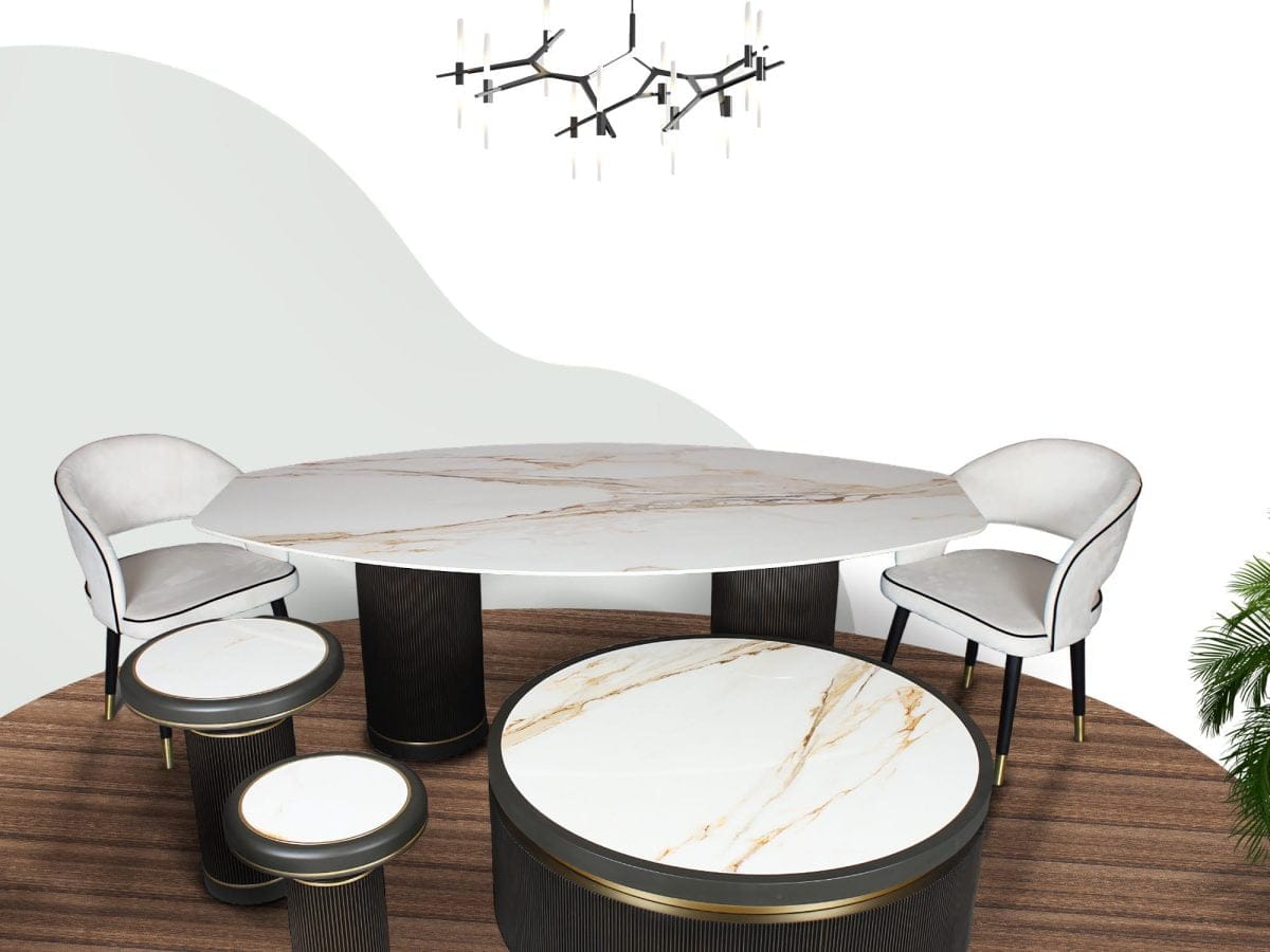Porselen Salon Yemek Masası & Orta Sehpa ve Zigon Sehpa Takımı (PM-SET001)