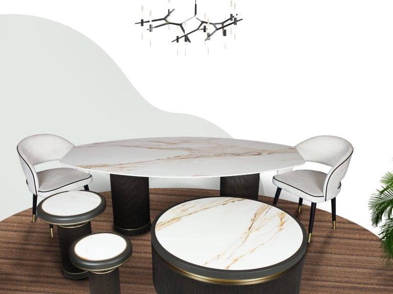 Porselen Salon Yemek Masası & Orta Sehpa ve Zigon Sehpa Takımı (PM-SET001)